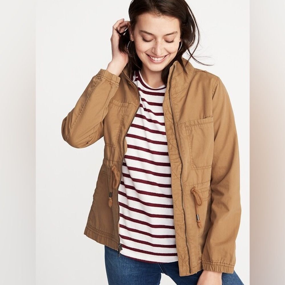 Old Navy Tan Utility Jacket XS Cotton Zip Front Drawstring Waist Safari Style